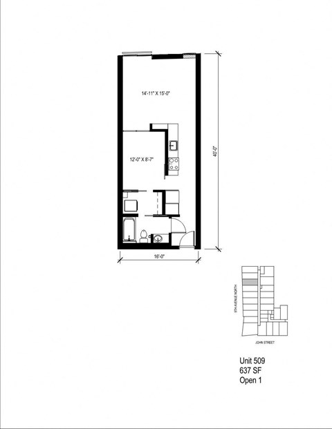 Floor plan for 1 bed, 1 bath, 561 sqft